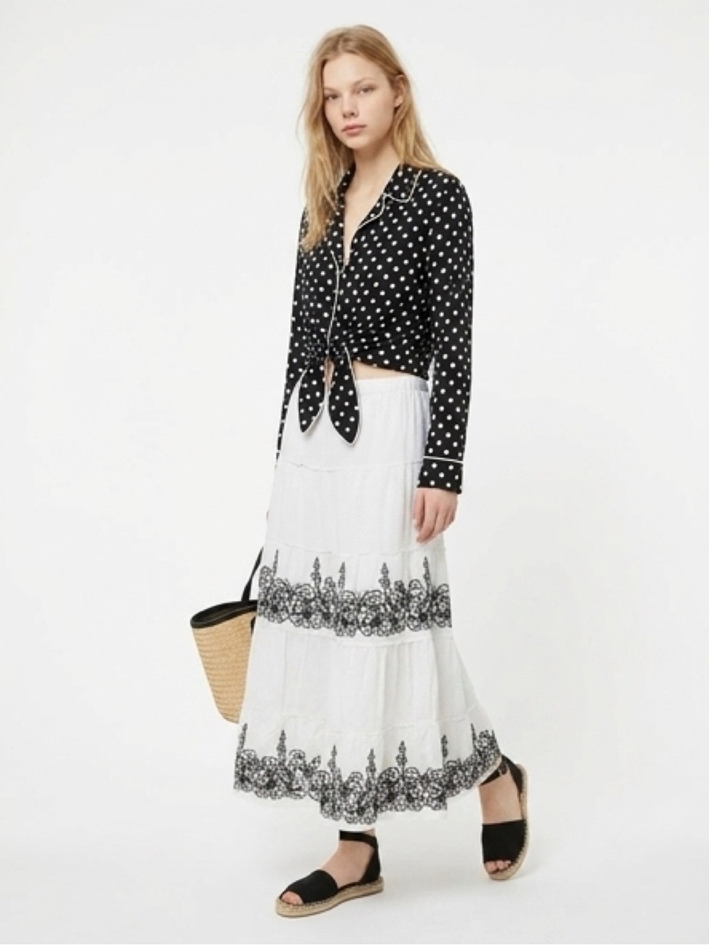 White Maxi Skirt with Black Embroidered Trim